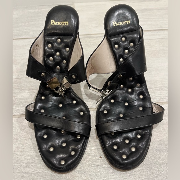 Cesare Paciotti Black Leather 2 Strap Stiletto Heels with Silver Dagger Charm - Picture 2 of 16